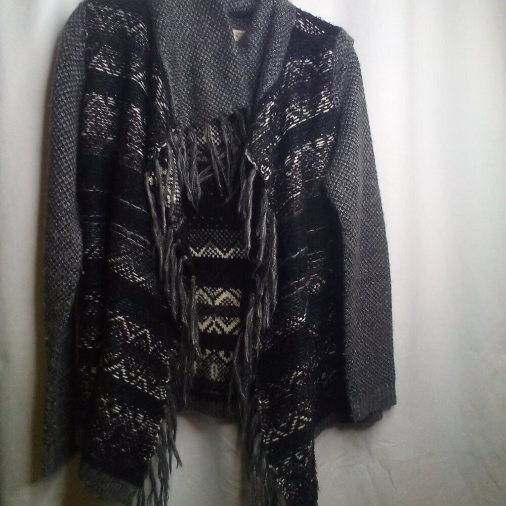 Vintage America Cardigan Sweater M Open Front Fringe Long Sleeve Black White - Picture 13 of 14